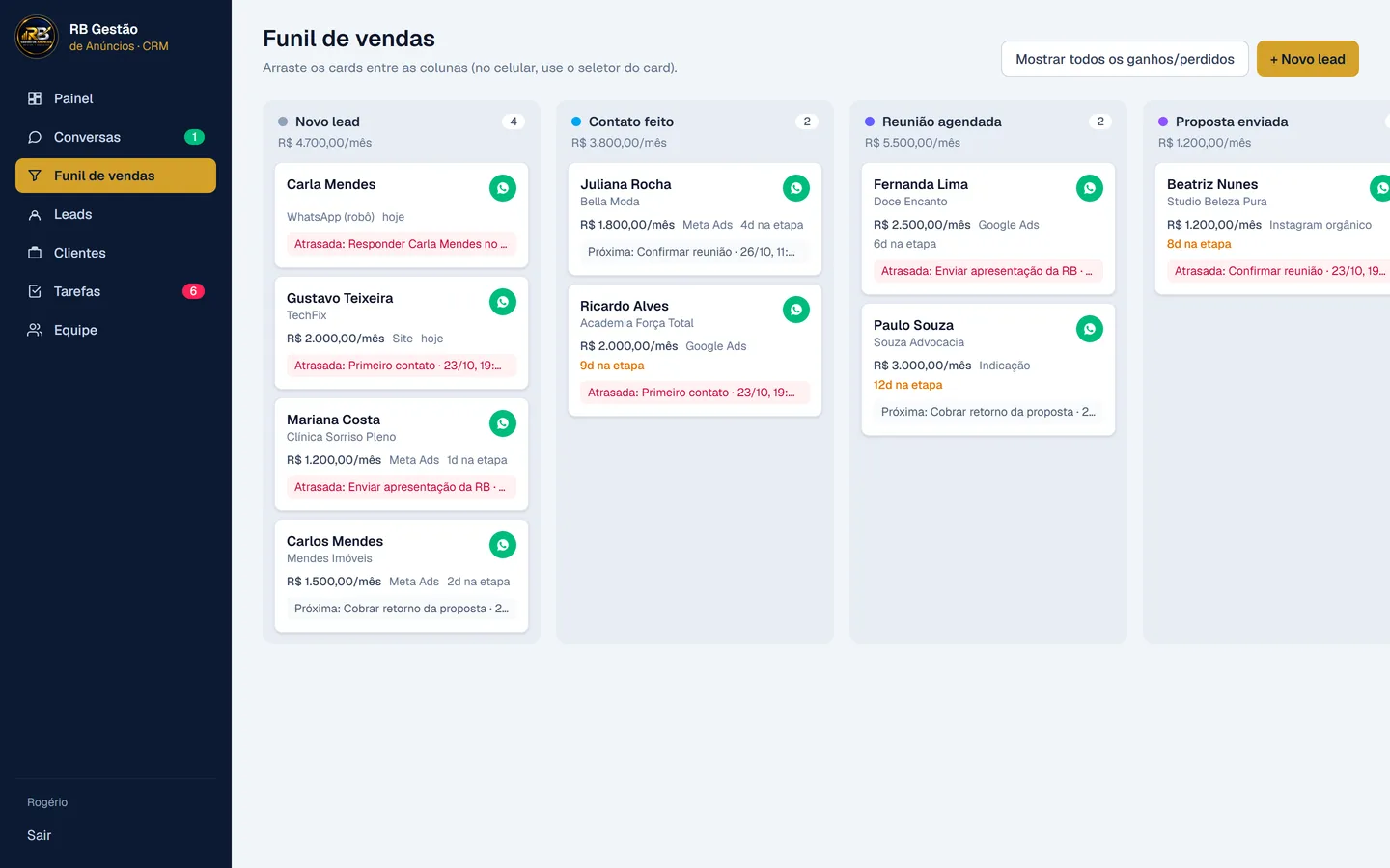 Tela do funil de vendas do CRM da RB, com os leads organizados por etapa
